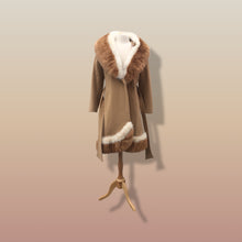 Load image into Gallery viewer, 60’s Vintage Camel Coat  with Fur Trim Vicuna-Printed Fit Flare Wrap Style Wool Cashmere Blend