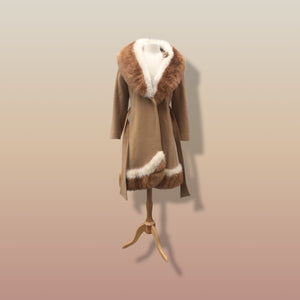 60’s Vintage Camel Coat  with Fur Trim Vicuna-Printed Fit Flare Wrap Style Wool Cashmere Blend