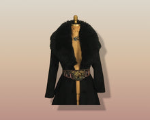 Load image into Gallery viewer, 60’s Black Coat Vintage Lilli Ann Fit and Flare Shearling Pinup Princess Beaded Belt