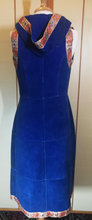 Load image into Gallery viewer, Hooded Blue Suede 70S Vest Long Satin Embroidered Orange Thick Leather Small Extra Long Hippy Chic Hippy Sleeveless Coat Russian Princess