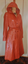 Load image into Gallery viewer, 70s Leather Hooded Trench Spy Duster Long Fit and Flare Orange/Tan Coat S/M Boho Hippie Hippy Chic Hipster