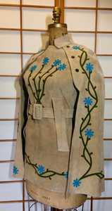 70s Suede Embroidered Floral Poncho- Belted Flower Child Cape Hippy Turquoise Floral Flowers S/M Penny Lane Almost Famous