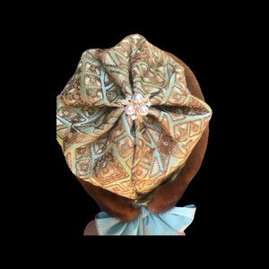 Whiskey Mink Himalayan Hat Fur Embroidered Light Blue Green Golden Embroidered Silk
