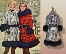 Load image into Gallery viewer, 60s Lilli Ann Mod Fox Fur Black White Thick Wool Knit Warm Princess Coat Small Built in Scarf Collectible