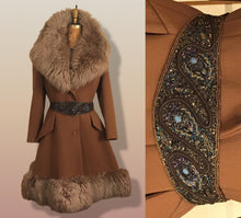 Load image into Gallery viewer, 60’s Caramel Lilli Ann Shearling Fit and Flare Princess Coat with Belt Clutch Purse Set Beaded