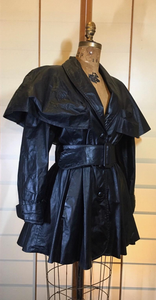 Vintage Coat-70s 80s Black Leather Dress Studio 54 Goth SteamPUNK Belted Pinup Coat Jacket Fit Flare Skirt Fit Flare Princess S M Trench Spy