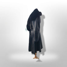 Load image into Gallery viewer, Black Lamb Leather Princess Coat Couture Made in France Massive Shearling Fox Collar