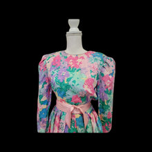 Load image into Gallery viewer, Floral 80’s Dress Silk Pink Blue  Puff Sleeve Pastel Ruched