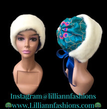 Load image into Gallery viewer, Himalayan Hat with Blonde Mink and Raw Silk Embroidered Peacock Crystal