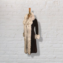 Load image into Gallery viewer, 70’s Vintage Mahogany Suede Fox Fur Tuxedo Coat