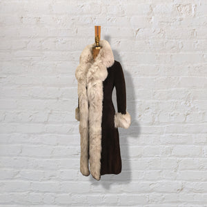 70’s Vintage Mahogany Suede Fox Fur Tuxedo Coat