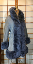 Load image into Gallery viewer, Suede Shearling Lamb Coat Grey-- Leather Tuxedo Lamb Fur Trim S/M Russian Princess Hippy Boho Princess Afghan