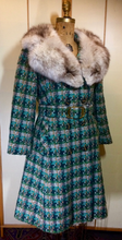 Load image into Gallery viewer, Mod Green Tweed Plaid Peacoat Coat--60s Knitted Wool Double Breasted Belted Removeable Fox Fur Coat S/M