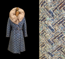 Load image into Gallery viewer, 60’s 70’s Blue Carpet Coat Needlepoint Tapestry with Norwegian Fox Fur Belted