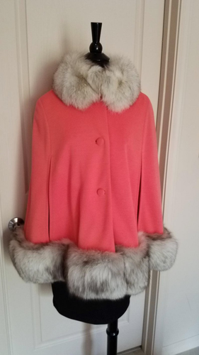 60s Lilli Ann Cape Amazing Neon Coral Pink with Luscious Silver Fox Fur Trim One Size Mad Men Mod