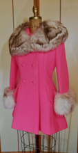 Load image into Gallery viewer, 60s Pink Lilli Ann Norwegian Fox Fur Coat Fit and Flare Neon Florescent Bright Pink Double Breasted S/M Princess