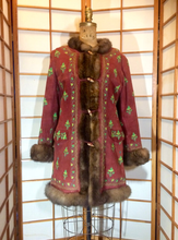 Load image into Gallery viewer, Vtg 70s Red Suede Coat Embroidered Mink Afghan Turkish Coat Carpet Tapestry Wooden Toggle 3/4 Length S/M/L Penny Lane Almost Famous Hippy