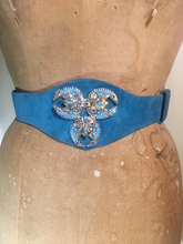 Load image into Gallery viewer, Turquoise Blue Suede Henryks Bijoux Made in Austria Cinch Belt 80s 90s Art Deco Style Jeweled Couture Crystals  Up to 28&quot;