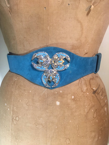 Turquoise Blue Suede Henryks Bijoux Made in Austria Cinch Belt 80s 90s Art Deco Style Jeweled Couture Crystals  Up to 28"