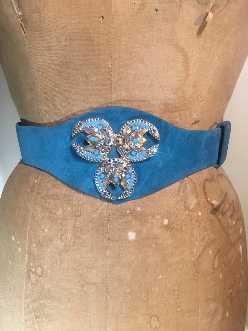 Turquoise Blue Suede Henryks Bijoux Made in Austria Cinch Belt 80s 90s Art Deco Style Jeweled Couture Crystals  Up to 28