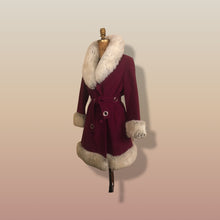 Load image into Gallery viewer, 60s Wine Cranberry Coat in Velveteen and Shearling with Grommet Belt