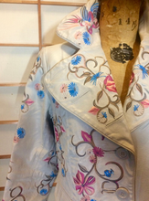 Load image into Gallery viewer, Floral White Leather Trench Spy Coat--Embroidered Floral Bird Pastel Design, Leather Spy Trench Fit Flare Penny Lane Twiggy Afghan M/L