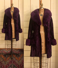 Load image into Gallery viewer, Vintage 70s Purple Coat- Faux "Sheared Lamb" Shearling Vegan Velvet Goth Punk Grunge Penny Lane Russian Princess Boho Princess Pinup