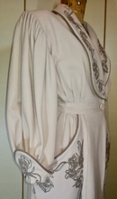 Load image into Gallery viewer, Film Noir Lantern Sleeve Balloon Pleated Sleeves Fit Flare Cashmere Wool Cream Embroidered Floral Coat Robe Made in Paris S Ingrid Bergman