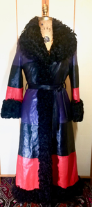 70S Christian Dior Couture Leather Curly Mongolian Lamb Purple Red Horizontal Leather Coat Full Length Hippy Boho Penny Lane Princess