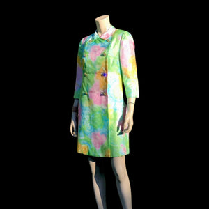 60’s Shift Dress and Coat Set by I. Magnin Pastel Floral Pink Blue Crystal Buttons