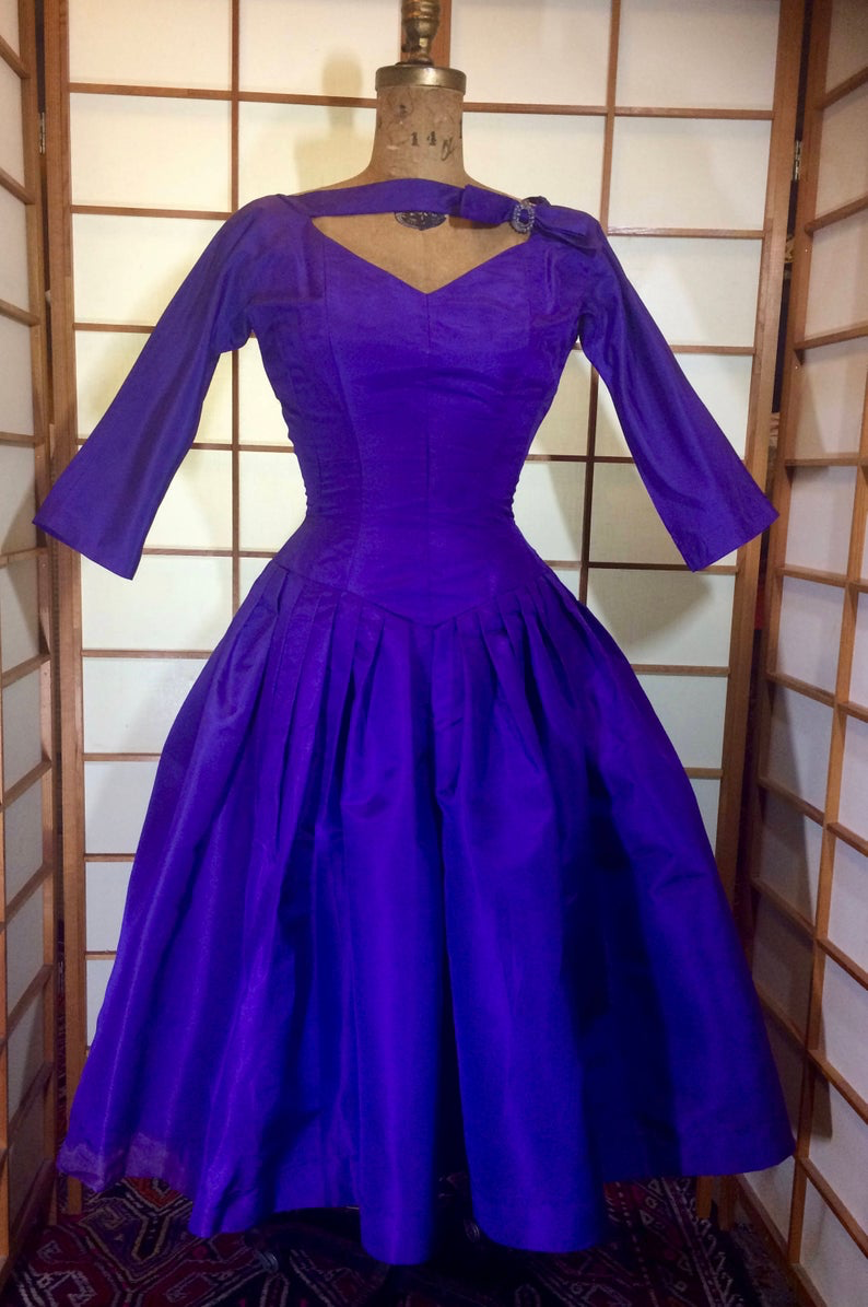 50s Purple Dress--Taffetta Pinup Audrey Hepburn Sabrina! Pleated Full  Skirted Double Layered Crinoline 3/4 Sleeves Dress S/XS