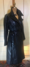 Load image into Gallery viewer, Black Leather 70s Trench Spy Coat Black Matrix Goth Jackie Kennedy Chic S/M Princess