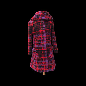 60’s Coat Pink Purple Red Plaid Thick Woven Wool Attached Scarf