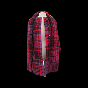 60’s Coat Pink Purple Red Plaid Thick Woven Wool Attached Scarf