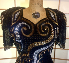 Load image into Gallery viewer, 80s Dynasty Glam Silk Beaded Sequined Dress Gold and Black Sweetheart Neckline Prom M/L