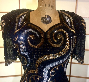 80s Dynasty Glam Silk Beaded Sequined Dress Gold and Black Sweetheart Neckline Prom M/L