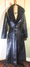 Load image into Gallery viewer, Black Leather 70s Trench Spy Coat Black Matrix Goth Jackie Kennedy Chic S Princess