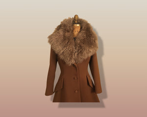 60’s Caramel Lilli Ann Shearling Fit and Flare Princess Coat with Belt Clutch Purse Set Beaded