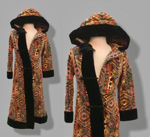 60’s 70’s Vintage Carpet Coat Needlepoint Hooded Sherpa Trim Fit and Flare