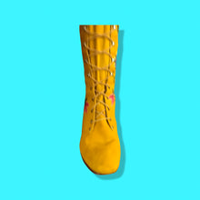 Load image into Gallery viewer, Iconic 70’s Mustard Yellow Suede Floral Embroidered Boots size 7 Wooden Heel