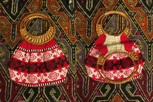 Load image into Gallery viewer, Vintage 70s Matching Skirt and Purse Set Ethnic South American Red White Cotton with Wicker Handle Bag up to 36" Waist Skirt Boho Brocade