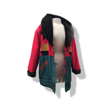 Load image into Gallery viewer, Red Black Gold Aztec Design Fuzzy Faux Fur Collar Patchwork Suede and Nylon Jacket