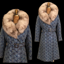 Load image into Gallery viewer, 60’s 70’s Blue Carpet Coat Needlepoint Tapestry with Norwegian Fox Fur Belted