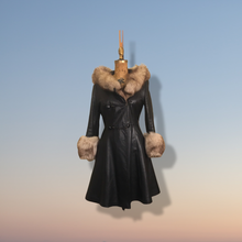 Load image into Gallery viewer, Vintage 70’s Leather Coat with Fox Fur Hood and Cuff Trim Princess Full Flare Skirt Rare OOAK 36/38 Bust Sargent Pepper Double Breasted