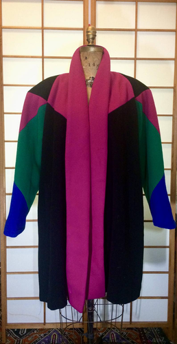 1980S Glam Does 1940s Noir Color Block Puff Sleeve Oversized Swing Free Size Vibrant Thick Wool Coat L/XL Pink Green Black Blue