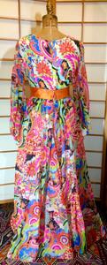 Vintage 70s Dress Maxi High Waisted Rainbow Paisley I Magnin Dress M Psychdelic Poet Sleeves