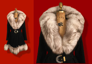 60’s Vintage Black Karakul Persian Lamb and Silver Fox Fur Princess Coat Fit Flare Swarovski Crystal Belt