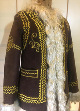 Load image into Gallery viewer, Afghan Suede Embroidered Shearling Sheepskin Lining Long Goat Made in Turkey Genuine Ethnic Hippy Beatles Penny Lane Almost Famous Coat S/M