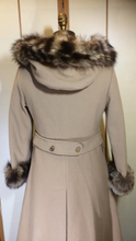 Load image into Gallery viewer, 60s 70s Hooded Camel Coat with fox Fur Tiger Striped S Princess Fit and Flare Boho Mod hIPPY Russian Princess Penny Lane Almost Famous