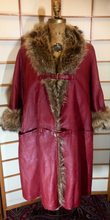 Load image into Gallery viewer, 60s 70s Red Leather Fur Trim Bonnie Cashin Saks Fifth Ave Hardware Buckle Large Extra Large Trench Coat Swing Plus Size Oversized